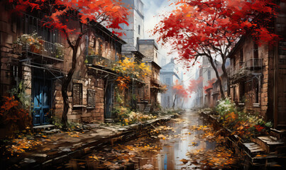 Colorful watercolor, city street with autumn trees. - obrazy, fototapety, plakaty