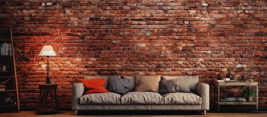A cozy living room with a brown brick wall, showcasing the beautiful brickwork. The room features a comfortable couch and wood flooring, creating a warm and inviting atmosphere