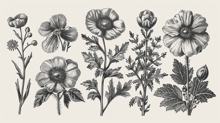 A vintage set of flowers in black and white. An engraving-style illustration. - obrazy, fototapety, plakaty