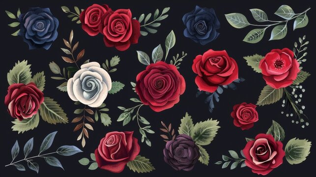 Modern floral elements. Red, burgundy, navy blue rose, green leaves. Wedding concept. Floral poster, invitation. Modern arrangements for greeting cards or invitations.