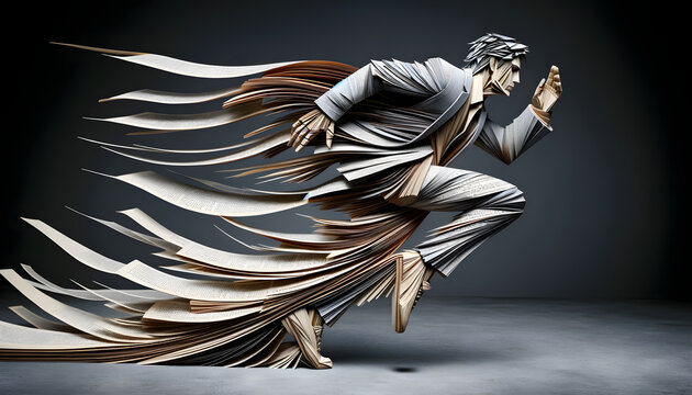 a man captured in intricate and dynamic motion, with a cinematic quality, formed from the pages of books, carefully folded and cut to create the figure of a man in an action-packed pose