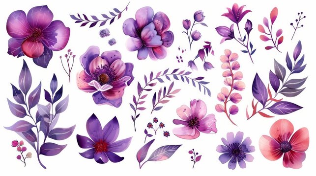 Modern floral set. Beautiful purple floral collection with leaves and flowers, drawing watercolor. Set of floral elements for your compositions.