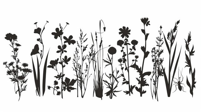 Grass, flowers, and herbs isolated on white background. Insects and flowers hand-drawn on white background.