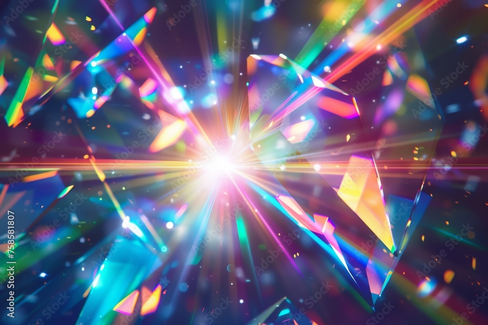 Poster overlay of rainbow light flare with optical iridescent refraction texture. abstract gem streak filte