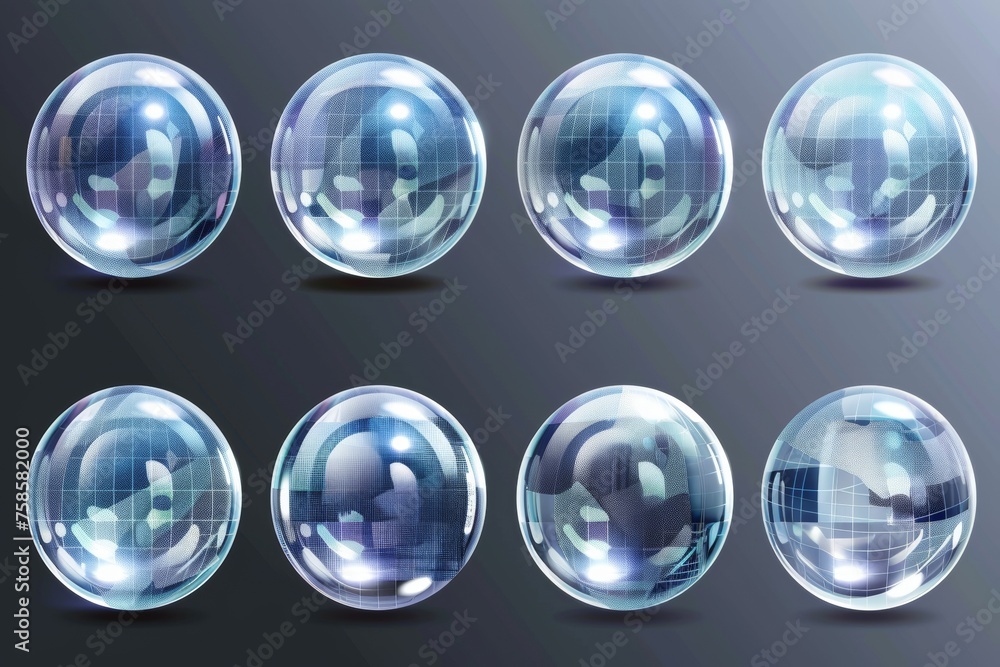 Poster modern realistic set of safety energy barriers and security defences in transparent spheres with gri