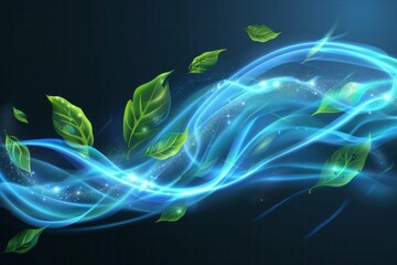 The concept of freshness is created by a blue air or wind flow with green leaves. The illustration illustrates glow waves and swirls, wand trails, or fresh menthol breath or detergent on a