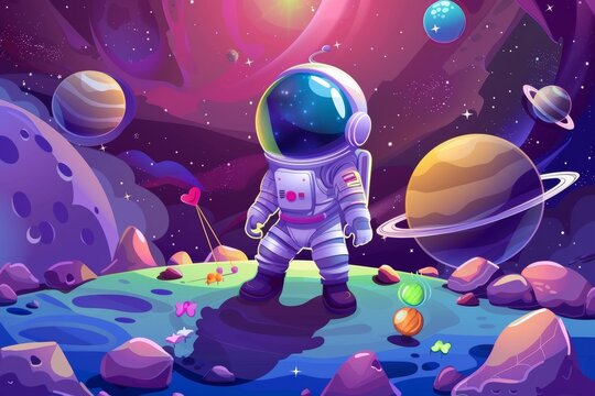 The cute little astronaut has sweets and candies around him. He is having a birthday party on an alien planet.
