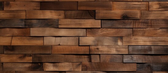 Fototapeta premium A closeup photo showcasing a brown rectangular wooden wall made of wooden blocks. The wood stain enhances the hardwood pattern, making it a durable building material for brickwork or flooring