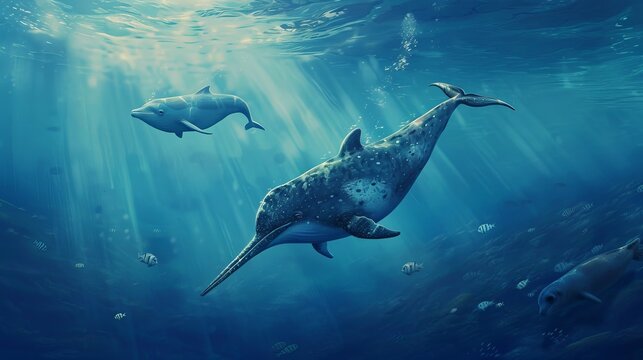 A realistic fantasy illustration depicting an extreme distance view deep below the ocean surface. The scene includes a tiny baby narwhal swimming next to its mother
