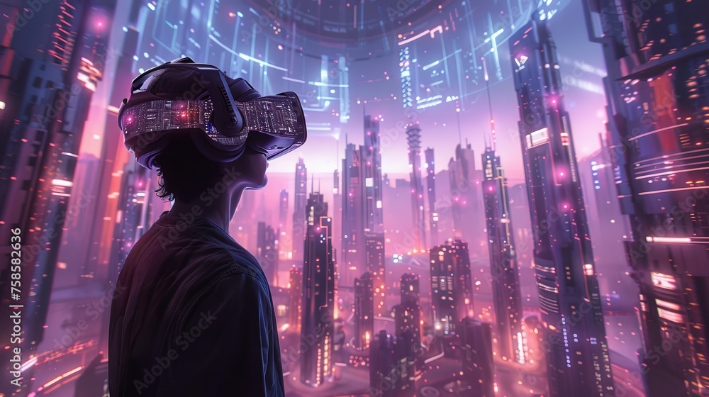 Wall mural A visionary architect exploring a futuristic city design through VR