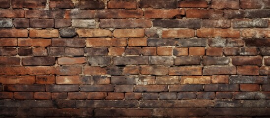 Fototapeta premium A detailed closeup of an aged brick wall showcasing the intricate brickwork and charming facade. The contrast with the surrounding grass and wood is captivating