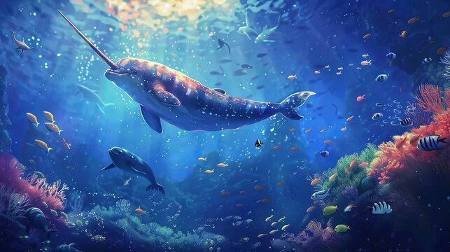 A realistic fantasy illustration depicting an extreme distance view deep below the ocean surface. The scene includes a tiny baby narwhal swimming next to its mother