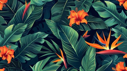 Fototapeta na wymiar Beautiful seamless floral pattern background with tropical flowers, jungle leaves, bird of paradise flowers.