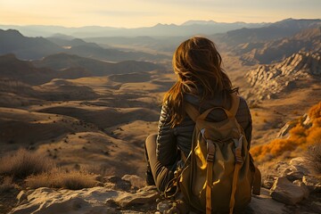 A woman sitting on a hill and looking at the valley. AI Generated Image. 