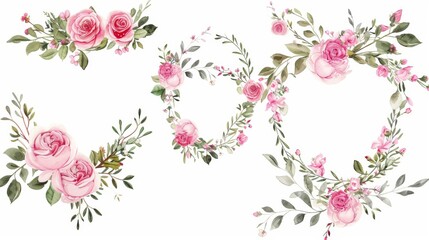 Floral branch set with wreaths, hearts, pink roses, leaves. Wedding concept. Floral poster, invitation. Modern arrangement for greeting card or invitation design.