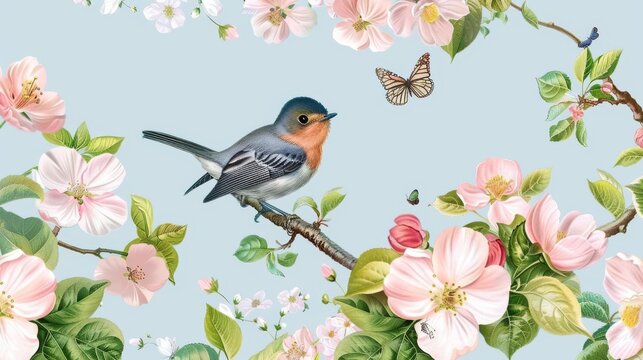 The background has a flowering apple tree, a bird, and a butterfly.