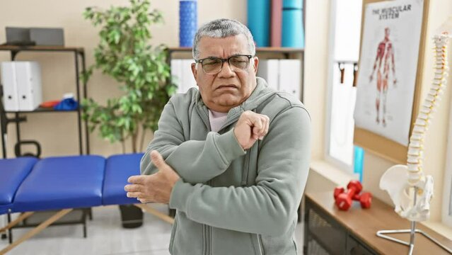 Mature man experiencing elbow pain in a rehabilitation clinic, with medical posters and weights nearby.