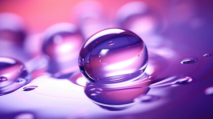 close-up macro Large drops of liquid water bubble dew with beautiful round shape light glare and shadows on violet purple background created with Generative AI Technology