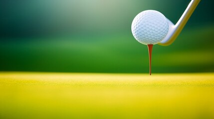 Close-up of a golf ball on a tee, with a meticulously groomed fairway stretching out behind, awaiting the days first drive