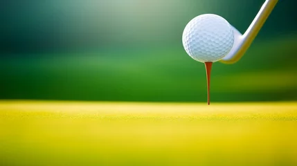 Poster Close-up of a golf ball on a tee, with a meticulously groomed fairway stretching out behind, awaiting the days first drive © chayantorn