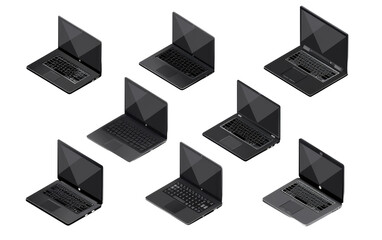 Assortment of Black Isometric Laptops isolated on transparent Background