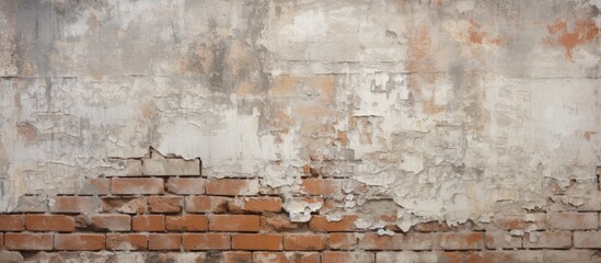 A detailed close up of a beige brick wall with peeling paint, showcasing the intricate brickwork...