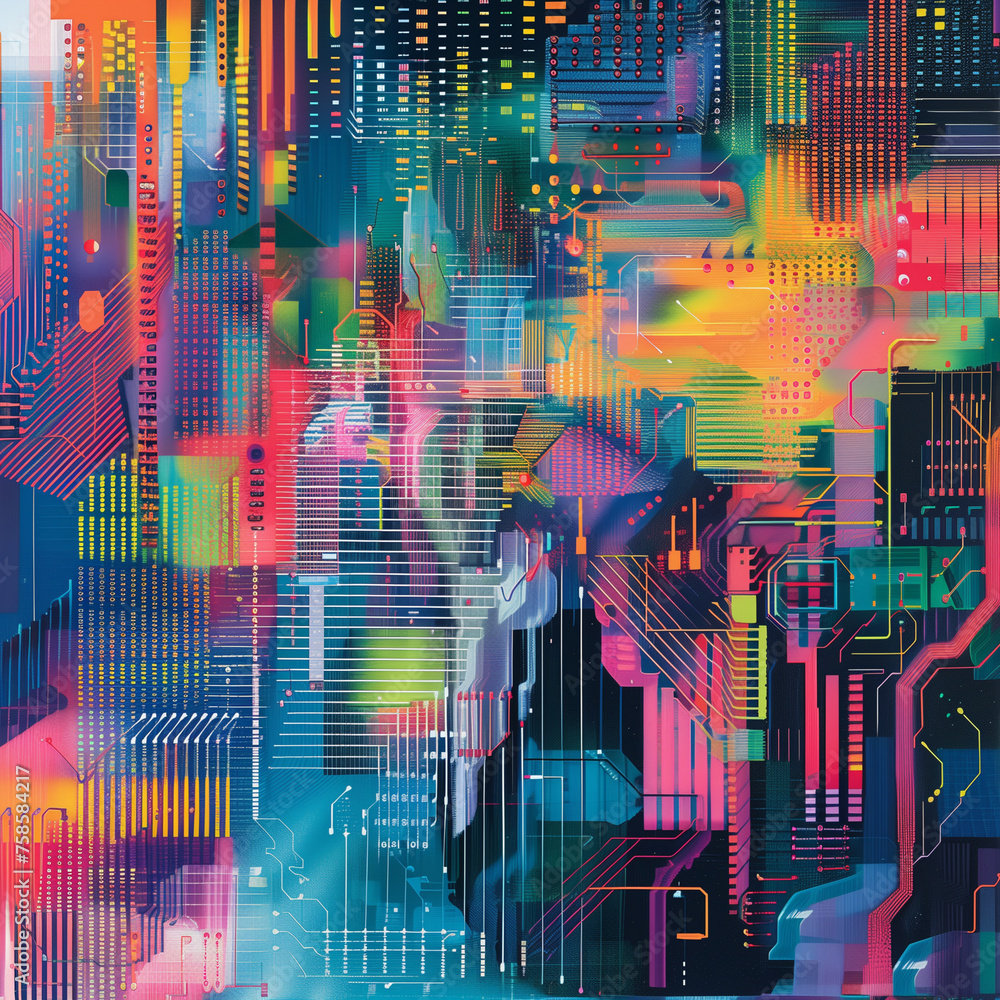 Poster an abstract circuit board design showcasing a futuristic web of digital information