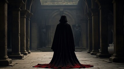 Vampire, elegant cloak, immortal creature, dramatic confrontation in a gothic castle courtyard, overcast, photography, backlight