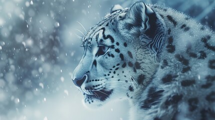 Snow Leopard Portrait: Intense Gaze Pierces Through the Serene, Snow-Covered Habitat, Creating a Captivating Visual Symphony of Wilderness
