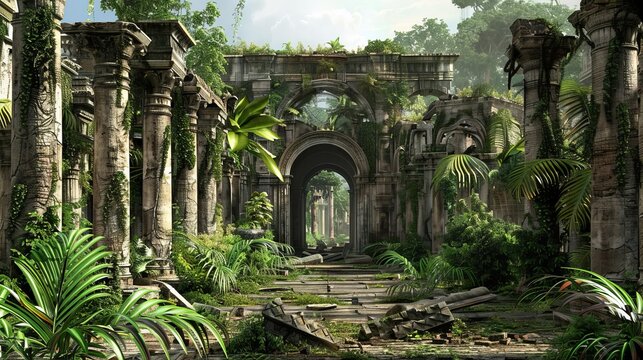 A realistic clip art of a framed photo depicting overgrown palace ruins.