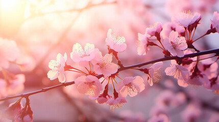 Obraz premium pink cherry tree blossom flowers with blurred background in beautiful spring background concept