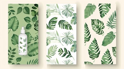 Set of packaging design templates, seamless patterns and frames with space for text for cosmetics, beauty products, organic and healthy food with green leaves - modern ornament.