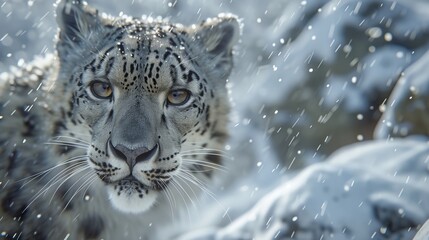 Snow Leopard Portrait: Intense Gaze Pierces Through the Serene, Snow-Covered Habitat, Creating a Captivating Visual Symphony of Wilderness