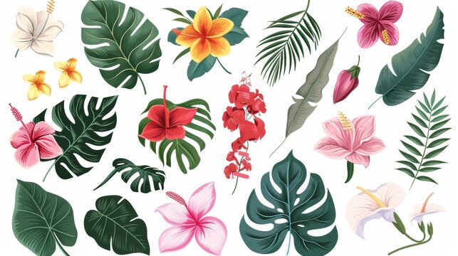 An exotic tropical collection with flowers and leaves isolated on a white background.