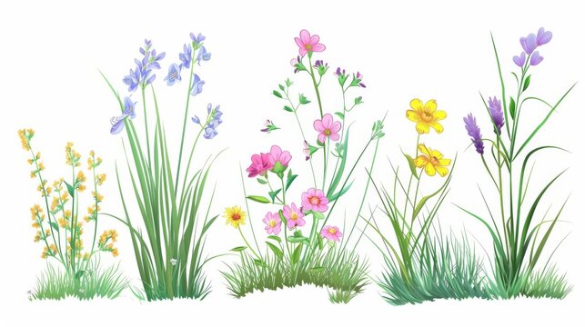 Set of grass and flowers, modern illustration