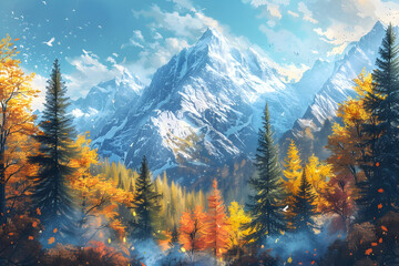Beautiful autumn mountain landscape illustration, perfect for print, flyer, or background with a travel concept.