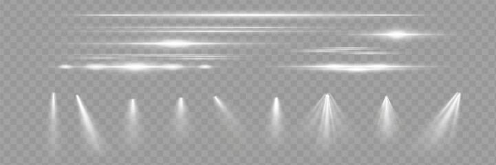 Light effect set. Glow isolated white transparent light effect set, lens flare, explosion, glitter, dust, line, sun flash, spark and stars, spotlight, curve twirl. Sunlight