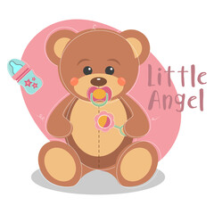 Little vector Teddy Bear with pacifier and rattle on pink background	
