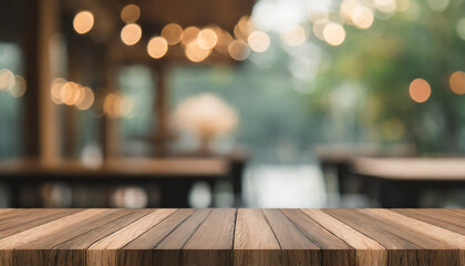 Empty wooden tabletop with lights bokeh on blur restaurant background