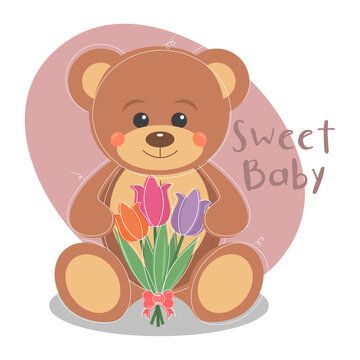 Little vector Teddy Bear is holding a bouquet of flowers