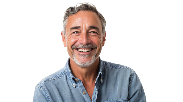 A mature man with a beard, smiling confidently in a casual denim shirt, isolated on a white background