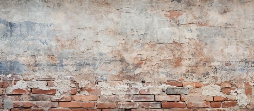 Poster A detailed close up of a brick wall with chipped paint, showcasing the intricate patterns and textures of the brickwork and composite material