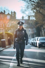 Female police officer patrolling the streets, ensuring the safety and security of her community, Generative AI