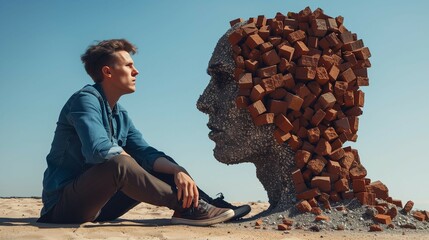A man sits on the ground and there is an abstract head made of bricks, which stands next to him.