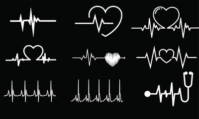 set of icons and symbols ECG - EKG signal, Heart pulse line concept design  - obrazy, fototapety, plakaty