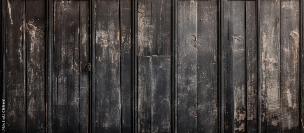 Poster a close up of a dark brown wooden wall with a metal fence in the background, creating a pattern of t