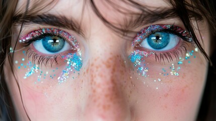 Close up of blue eyes with pink and teal glitter on the eyelashes,editorial photography.