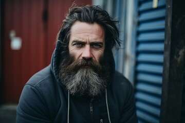 Portrait of a man with a long beard and mustache on the street