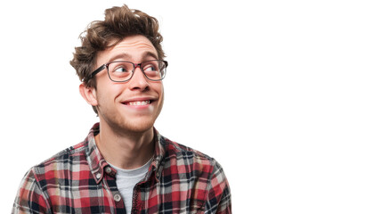 A quirky young man with curly hair and glasses looks up with a quizzical expression on a white background - obrazy, fototapety, plakaty
