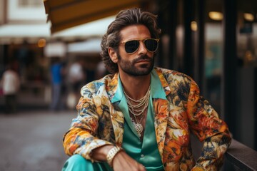 Handsome young man in sunglasses and colorful jacket on the street